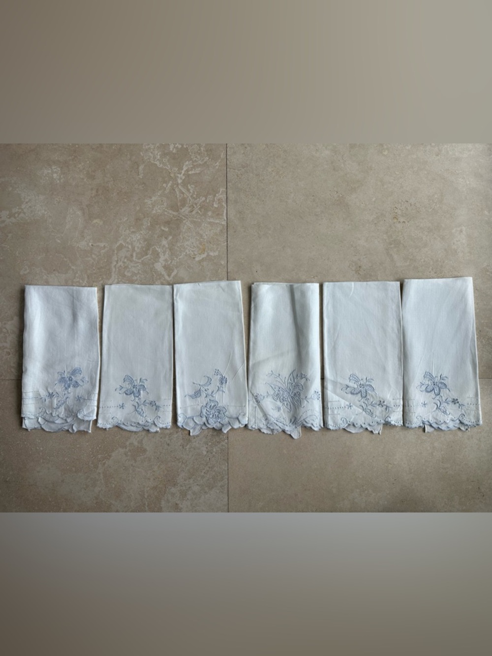 Vintage 6 Hand Embroidered White Linen Napkins with Blue Floral Detail